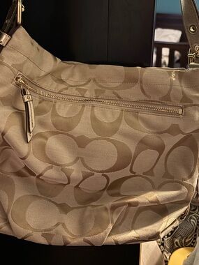 Coach Tan Signature Jacquard Hobo Bag with Leather Trim